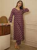 Libas Womens Printed Viscose Straight Kurta With Trousers Maroon 2Xl