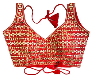 Vihu Fashion Womens Readymade Sweetheart Neck Sleeveless Mirror Saree Blouse.(Paper Foil Red_38)
