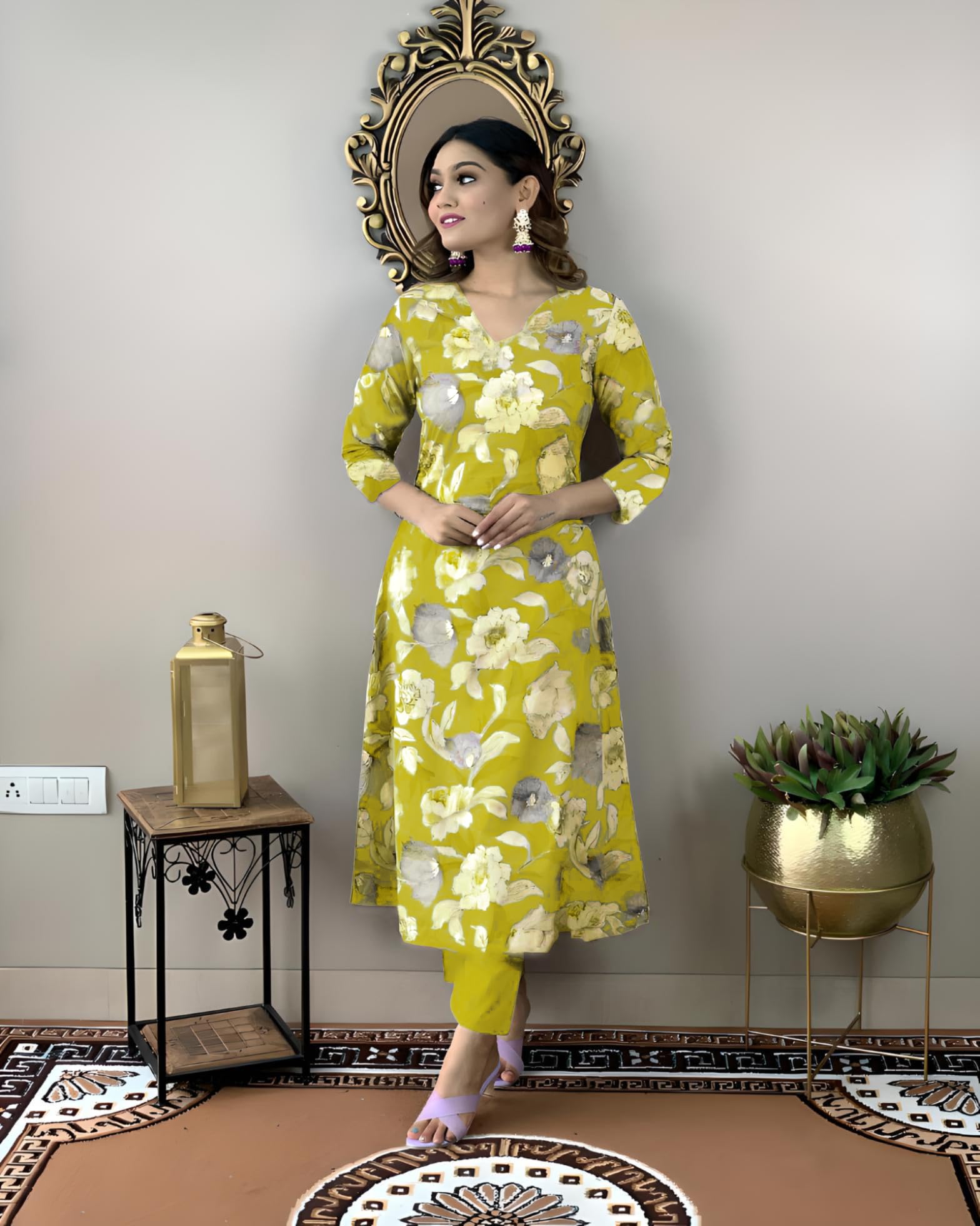 Anni Designer Women'S Cotton Blend Straight Printed Kurta With Pant (Dhun Lemon_Xl_Lemon_X-Large),Lemon,XL,Rayon Blend,Regular,