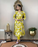 Anni Designer Women'S Cotton Blend Straight Printed Kurta With Pant (Dhun Lemon_Xl_Lemon_X-Large),Lemon,XL,Rayon Blend,Regular,