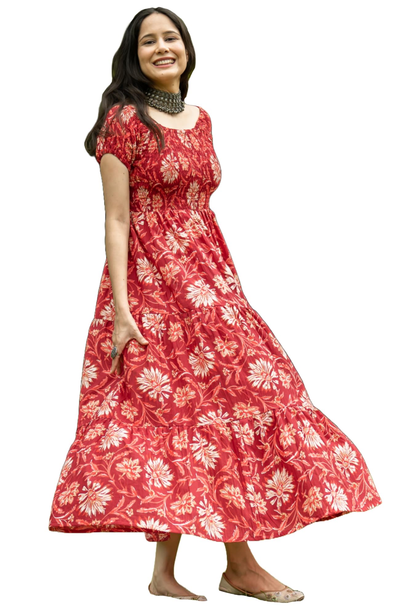 Anni Designer Women'S Cotton Blend Anarkali Printed Long Kurta (Maulik Red_M_Red_Medium),Red,M,,,