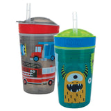Nuby All in One Snack Bowl and No Spill Soft Straw Cup - 2 Pack Aqua Monsters & Grey Cars - Snack N' Sip, Holds: 4.5 oz Containe