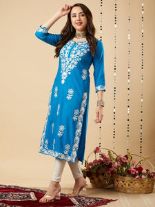 Anni Designer Women'S Cotton Blend Chikankari Embroidered Straight Kurta (Anirudh Sky-Nw_S_Sky Blue_Small),Sky Blue,S,Cotton Blend,Regular,Kurta
