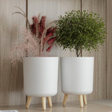Olmartt Kitchenware White Planter Pot With Wooden Stand | Modern Ribbed Indoor Outdoor Plant Pot For Home, Office & Balcony | St