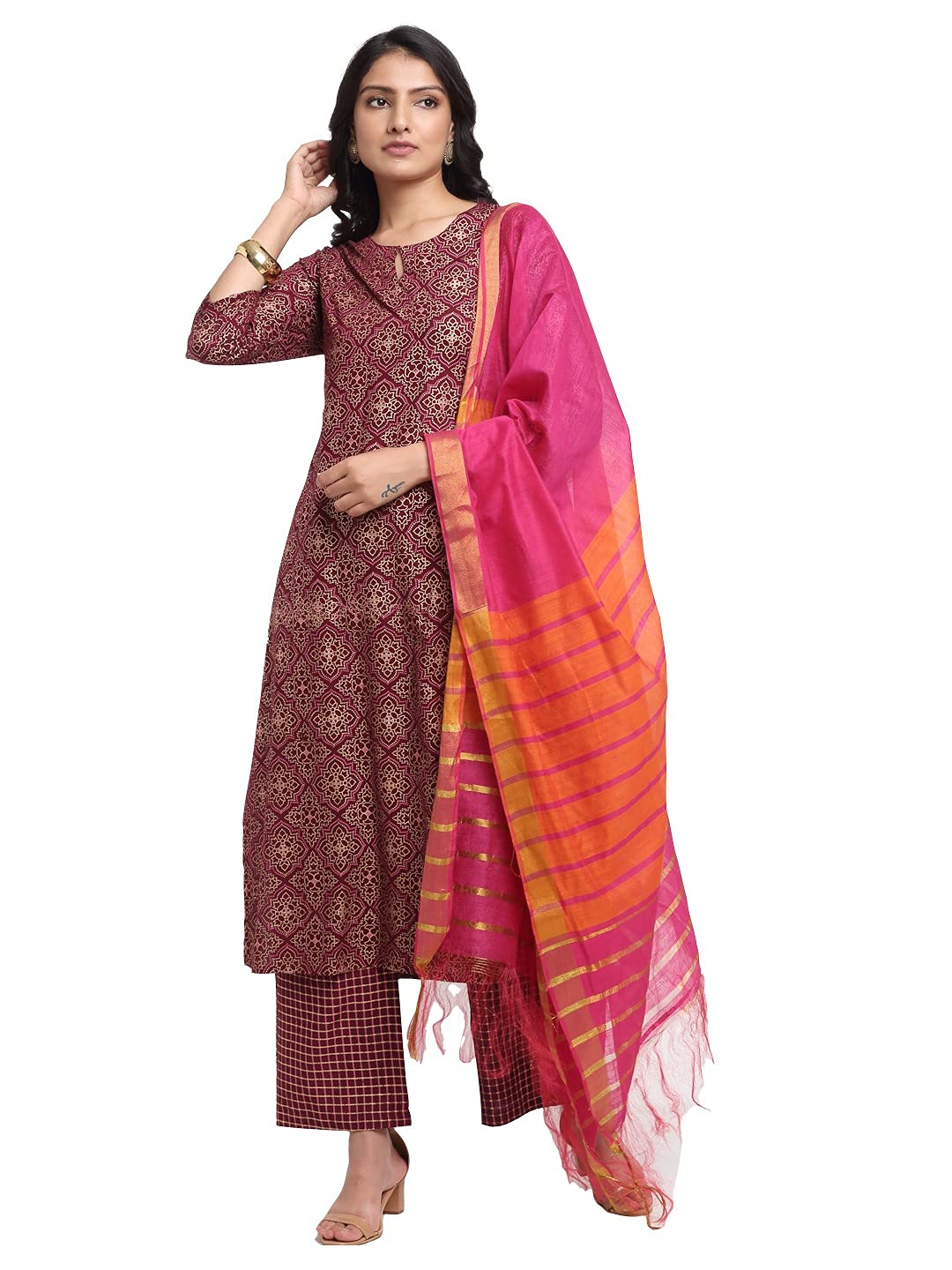 Gosriki Women'S Rayon Cotton Foil Printed Straight Kurta With Palazzo & Dupatta (Kshi Brown_L_Brown_Large),Brown,,B0976ZCFTH