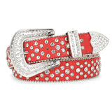 Women Rhinestone Belt For Jeans, Sansths Western Cowgirl Bling Studded Belt Faux Crocodile Grain LeatherS,Red
