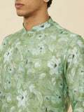 Manyavar Men'S Sage Green Floral Printed Kurta (M)