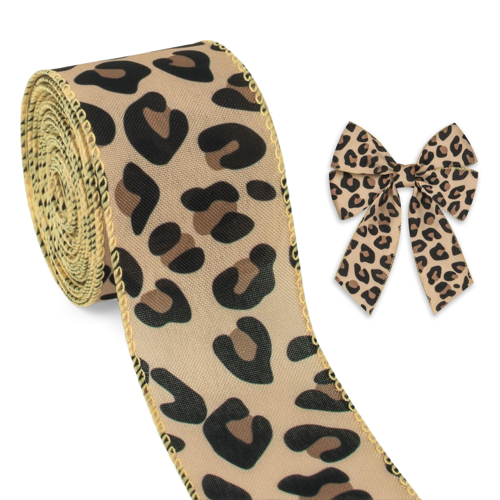 Threetols Leopard Print Wired Edge Ribbons 2.5 10 Yards Natural Cheetah Brown Decor Wrapping Ribbon Animal Print Burlap Fabric C