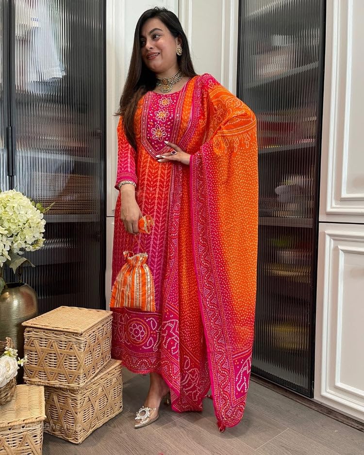 Anni Designer Women'S Rayon Viscose Straight Bandhej Printed Kurta With Pant & Dupatta (Shriha Multi_S_Multicolor_Small),Multicolour,S,,,
