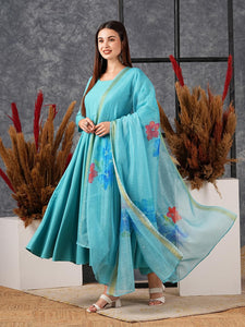 Gosriki Women'S Cotton Blend Anarkali Solid Kurta With Pant & Dupatta (Saniba Sky Blue-Nw-Gs_Xxl_Sky Blue_Xx-Large),Sky Blue,2,B0D57C7YQV