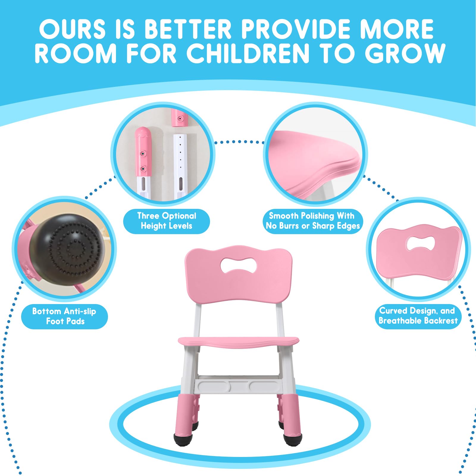 JIAOQIU Kids Chair Height Adjustable Toddler Chair Max Load 220LBS Plastic Indoor Outdoor Chair for Children Age 1-6 School Home