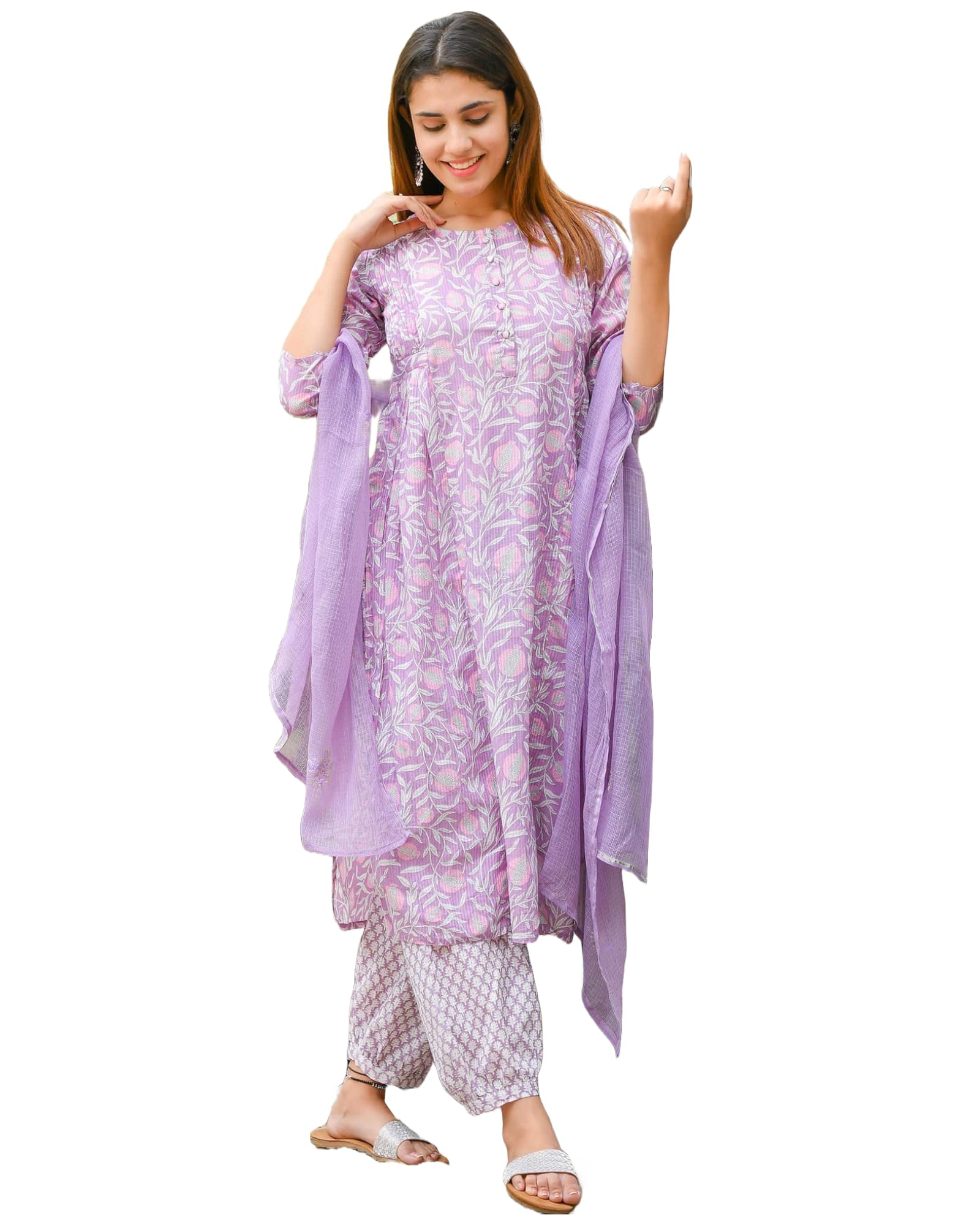 Anni Designer Women'S Rayon Blend Straight Printed Kurta With Pant & Dupatta (Welco-Purple_S_Purple_Small),Purple,S,,,