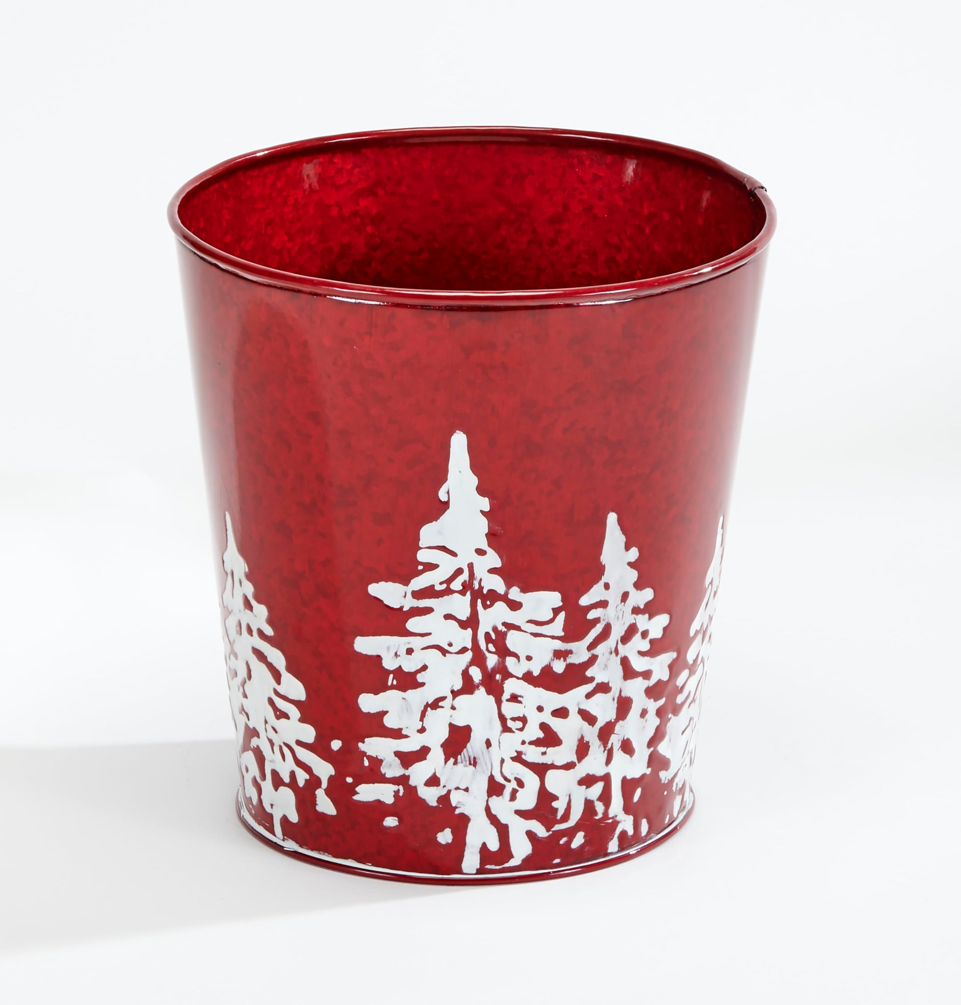 Worth Imports Red Galvanized Metal Christmas Planter Bucket with Tree Design, 7.5 Height, 7 Diameter, Set of 2