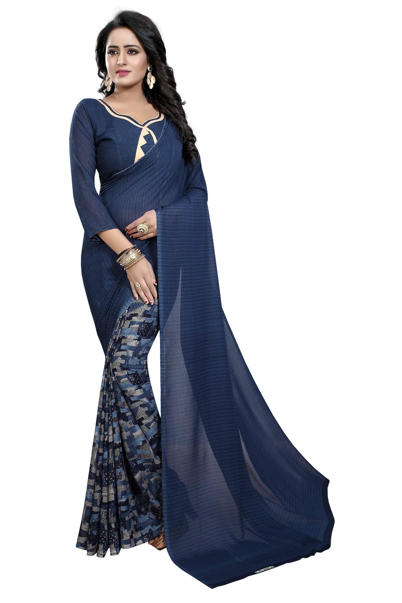 Anni Designer Women'S Dark Blue Color Georgette Ethnic Printed Tassels Border Saree With Blouse Piece(Half Ink Ssc_Dark Blue_Free Size),Dark Blue,Free
