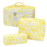 WYJ Yellow Large Quilted Floral Makeup Bag Set of 3 Cute Coquette Aesthetic Cosmetic Bag Set Travel Toiletry Bag for Women