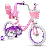 WEIZE Girls Bike for 3-5 Years Old Kids, 14 Inch Kids Bike with Training Wheels, Streamers, Basket and Doll Seat, Children Bicyc