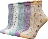 Ketkar 5 Pairs Womens Floral Cotton Socks Vintage Patterned Crew Socks Novelty Ankle Ruffled Warm Casual Dress Socks