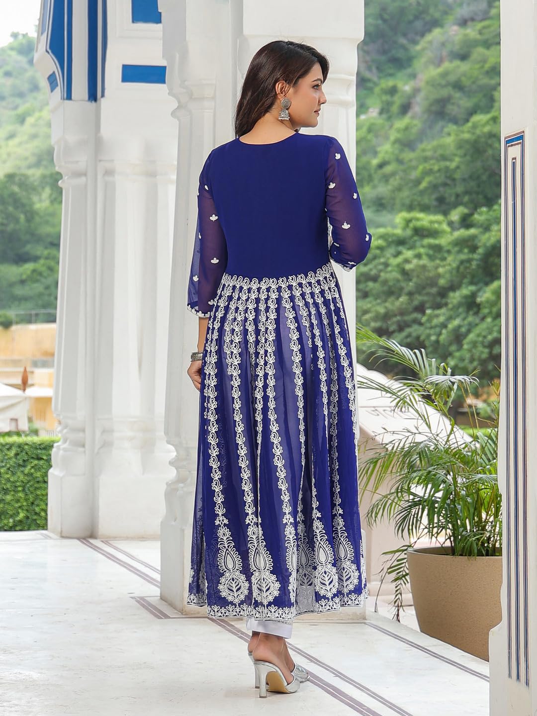 Anni Designer Women'S Georgette Anarkali Chikankari Embroidered Kurta (Kari-Blue_M_Blue_Medium),Blue,M,Georgette,Anarkali,