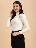 Wedani Women'S Casual Solid Top Mock Neck With Regular Puff Long Sleeve Top (Medium White),White,M,Polyester,regular,
