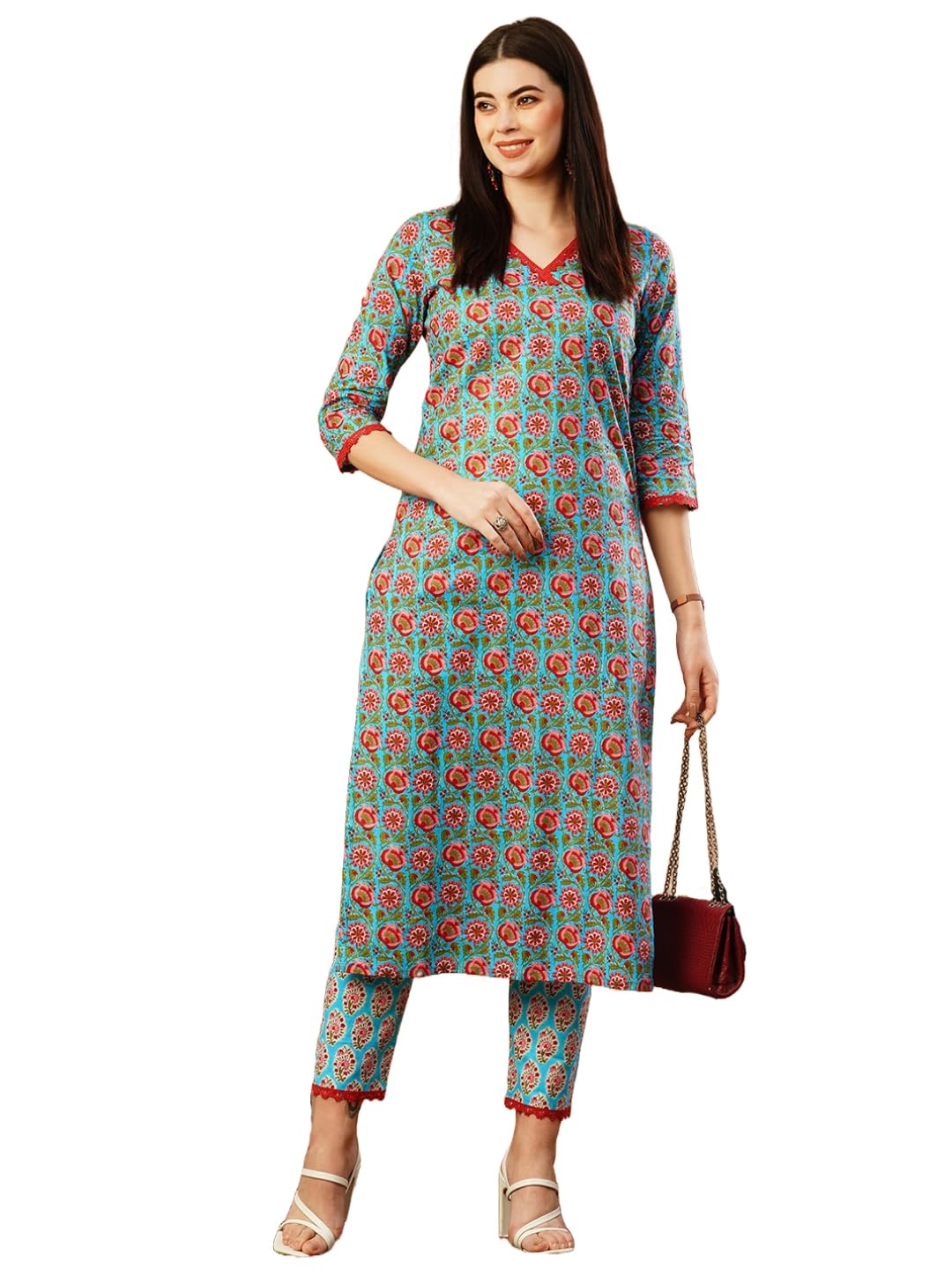 Gosriki Women'S Cotton Blend Straight Printed Kurta With Pant (Balajyoti Blue-Gs_L_Blue_Large),Blue,,B0CSG5XL1C