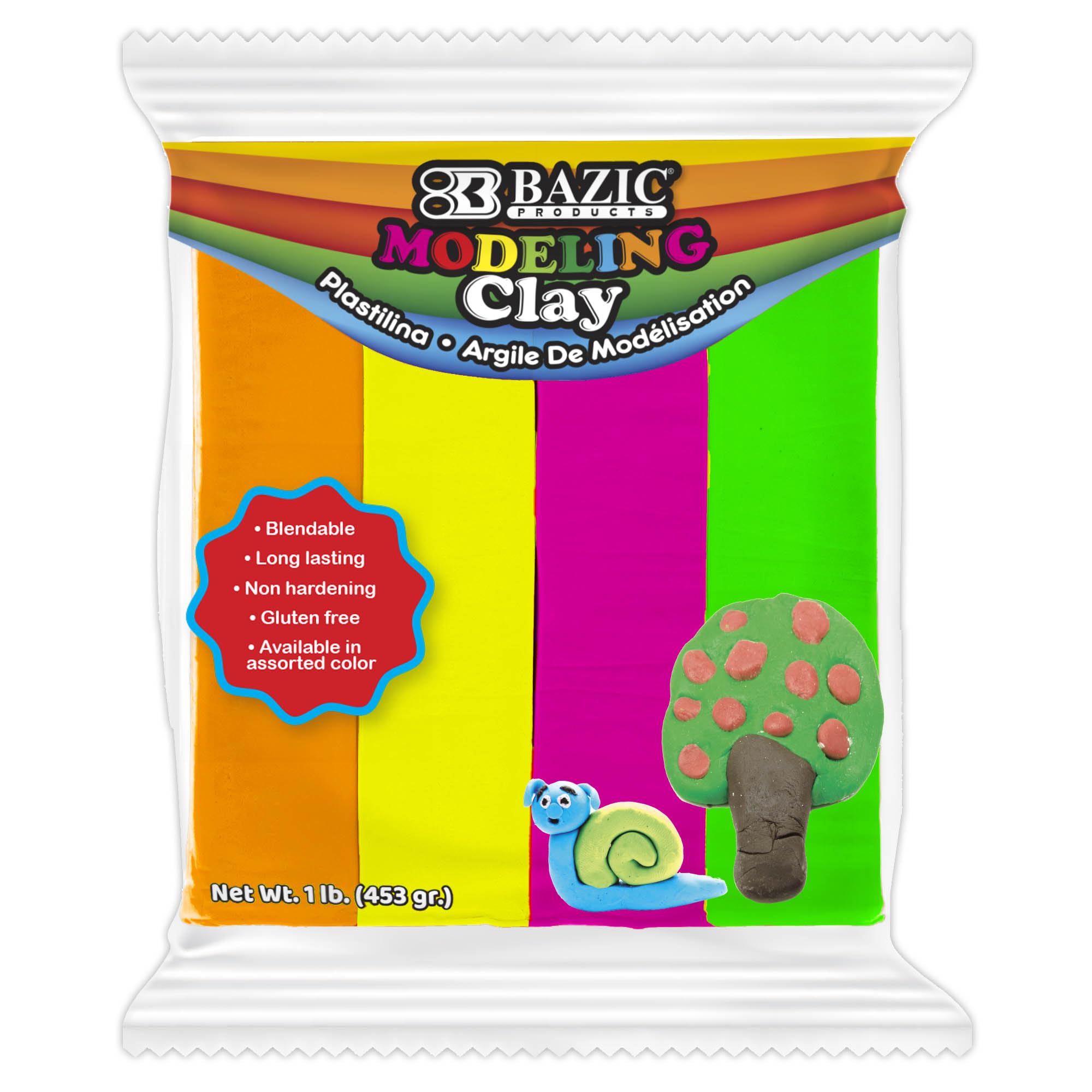 BAZIC Products Modeling Clay Neon Color 1 LB, Modeling Dough Non Toxic Gift for Artist Kids, Bulk for Classroom, 1-Pack