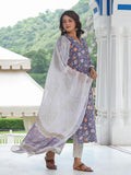 Anni Designer Women'S Cotton Blend Printed Straight Kurta With Pant & Dupatta (Silhot-Blue_L_Blue_Large),Grey,L,Cotton Blend,Regular,Dupatta