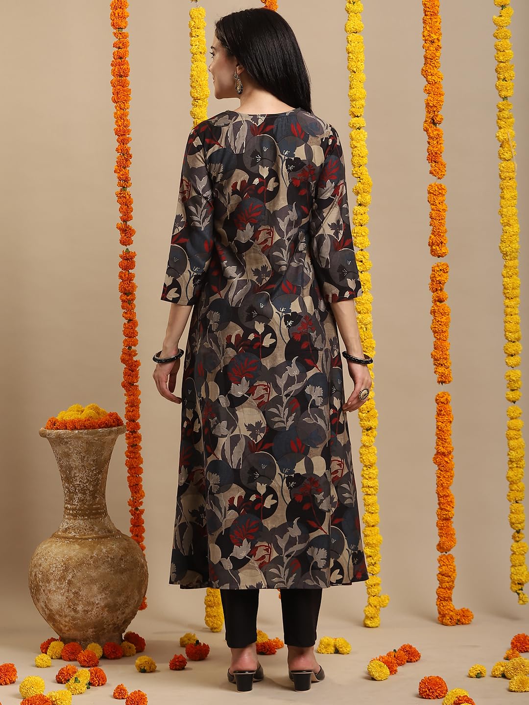 Anni Designer Women'S Rayon Blend Straight Fit Anarkali Printed Kurta With Pant (Allgood Black_M_Black_Medium),Black,M,Rayon Blend,Anarkali,