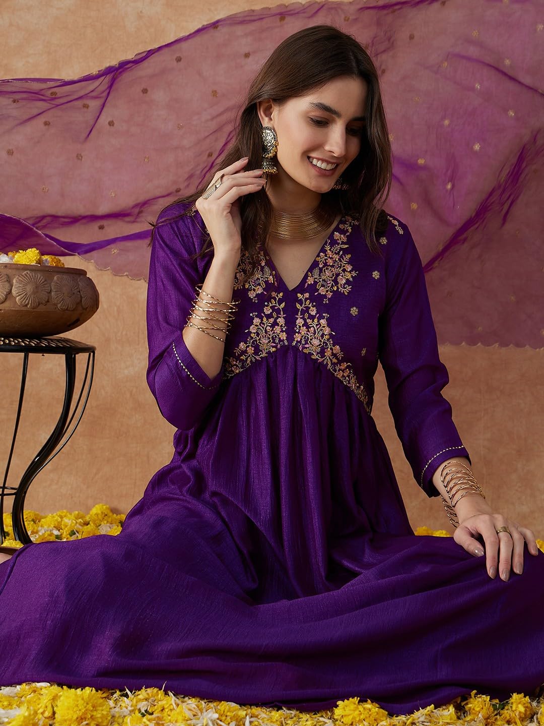 Alvami Women Embroidery Kurta And Pant Set With Dupatta | Wedding Suit | Festival Wear | (In, Alpha, Xl, Purple)