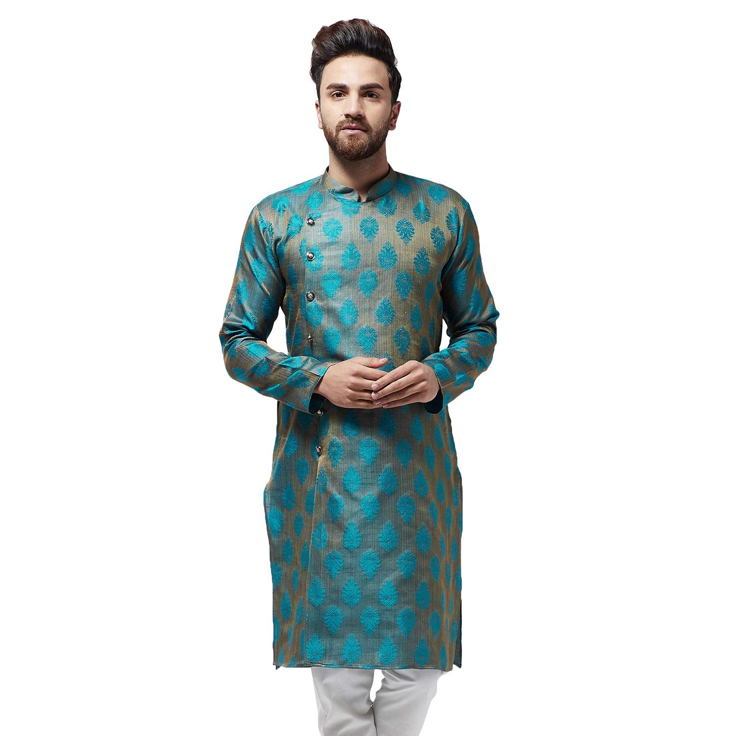 Sojanya (Since 1958, Men'S Jacquard Silk Teal Blue Only Long Kurta, Size: 40