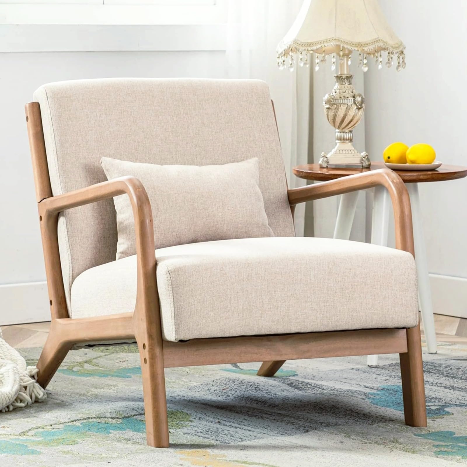 Anjhome Mid Century Modern Accent Chair, Comfy Fabric Living Room Chairs With Solid Wood Frame, Lounge Reading Armchair, Easy Assembly, Beige,Chairs