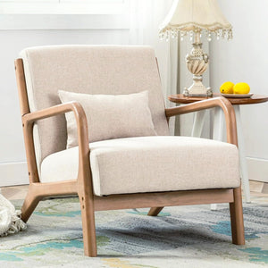 Anjhome Mid Century Modern Accent Chair, Comfy Fabric Living Room Chairs With Solid Wood Frame, Lounge Reading Armchair, Easy Assembly, Beige,Chairs