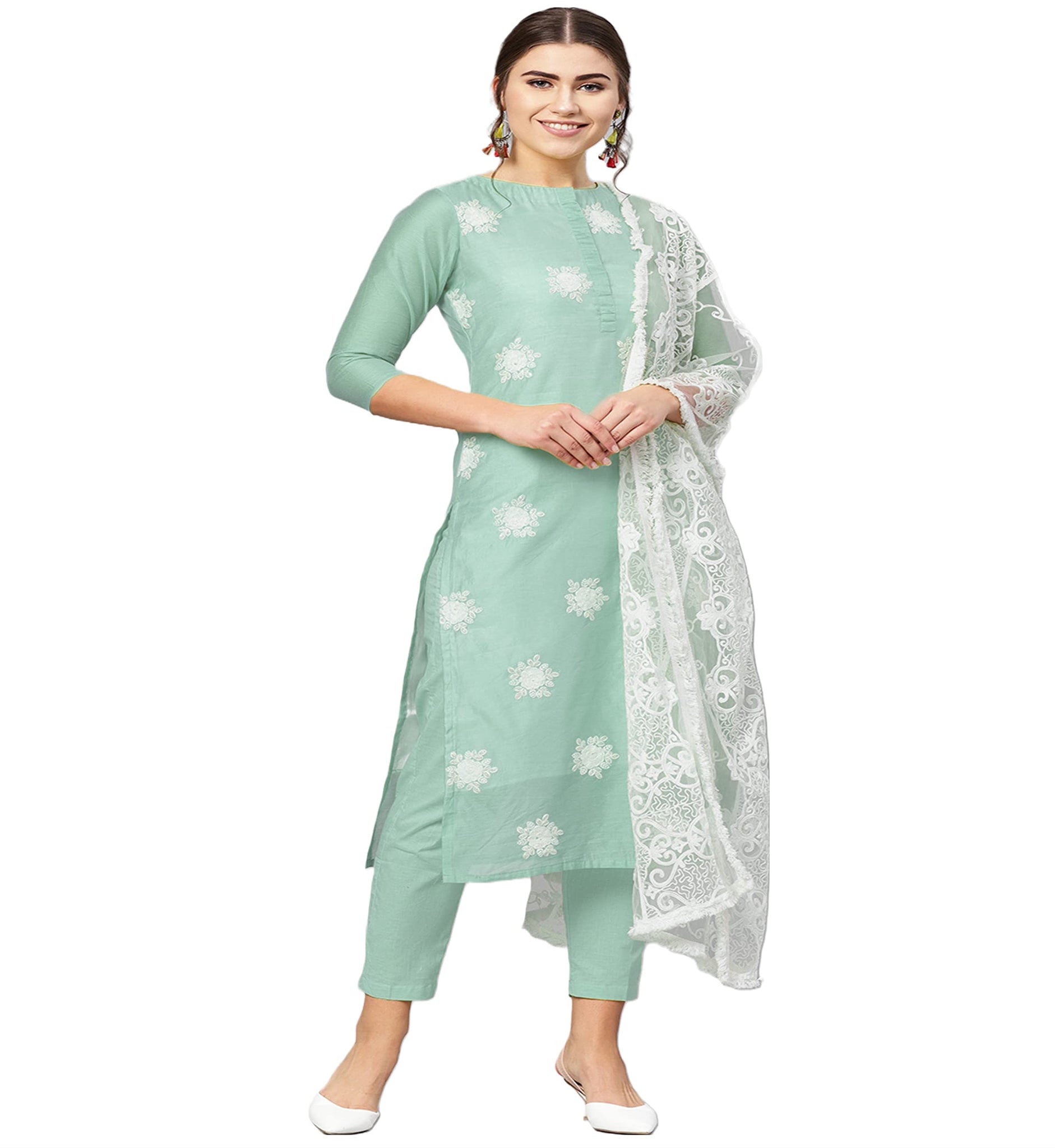 Anni Designer Women'S Ruby Cotton Straight Embroidery Kurti With Pant & Dupatta Set (White-Show Light Green_Xl Light Green_X-Large),Light Green,XL