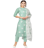Anni Designer Women'S Ruby Cotton Straight Embroidery Kurti With Pant & Dupatta Set (White-Show Light Green_Xl Light Green_X-Large),Light Green,XL