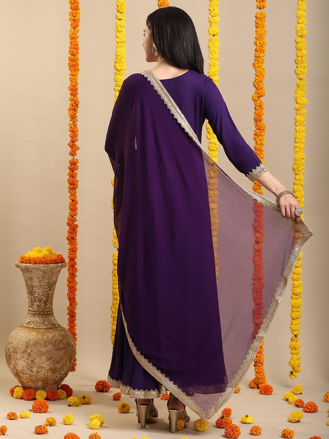 Gosriki Women'S Rayon Blend Anarkali Solid Kurta With Pant & Dupatta (Shyam Begani-Vks03-Gs_M_Begani_Medium),Begani,,B0DK9NMWHQ