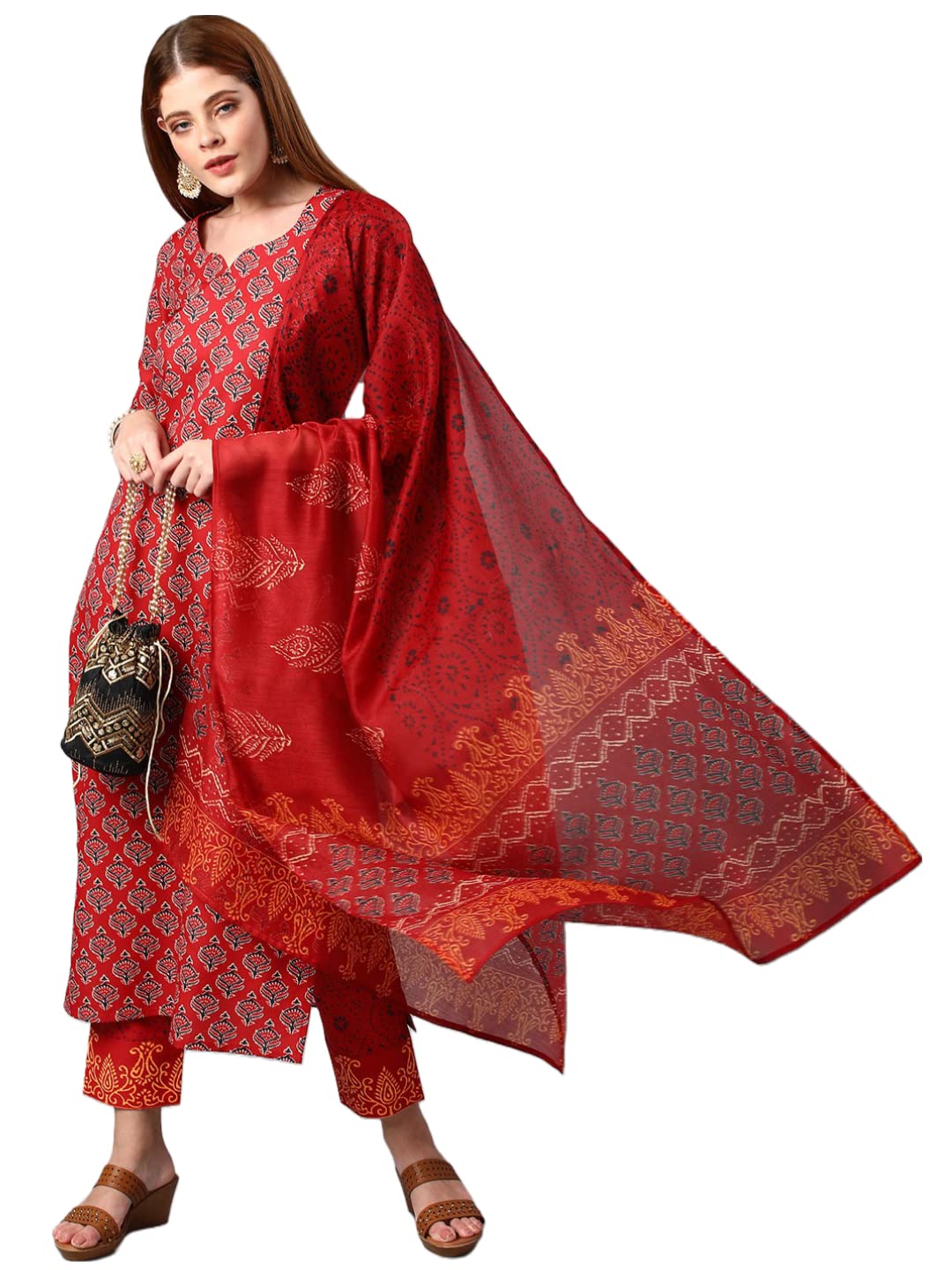 Anni Designer Women'S Cotton Blend Printed Kurta And Pant With Dupatta Set (Shank-Maroon-Nw_Xl_Maroon_X-Large),Maroon,XL