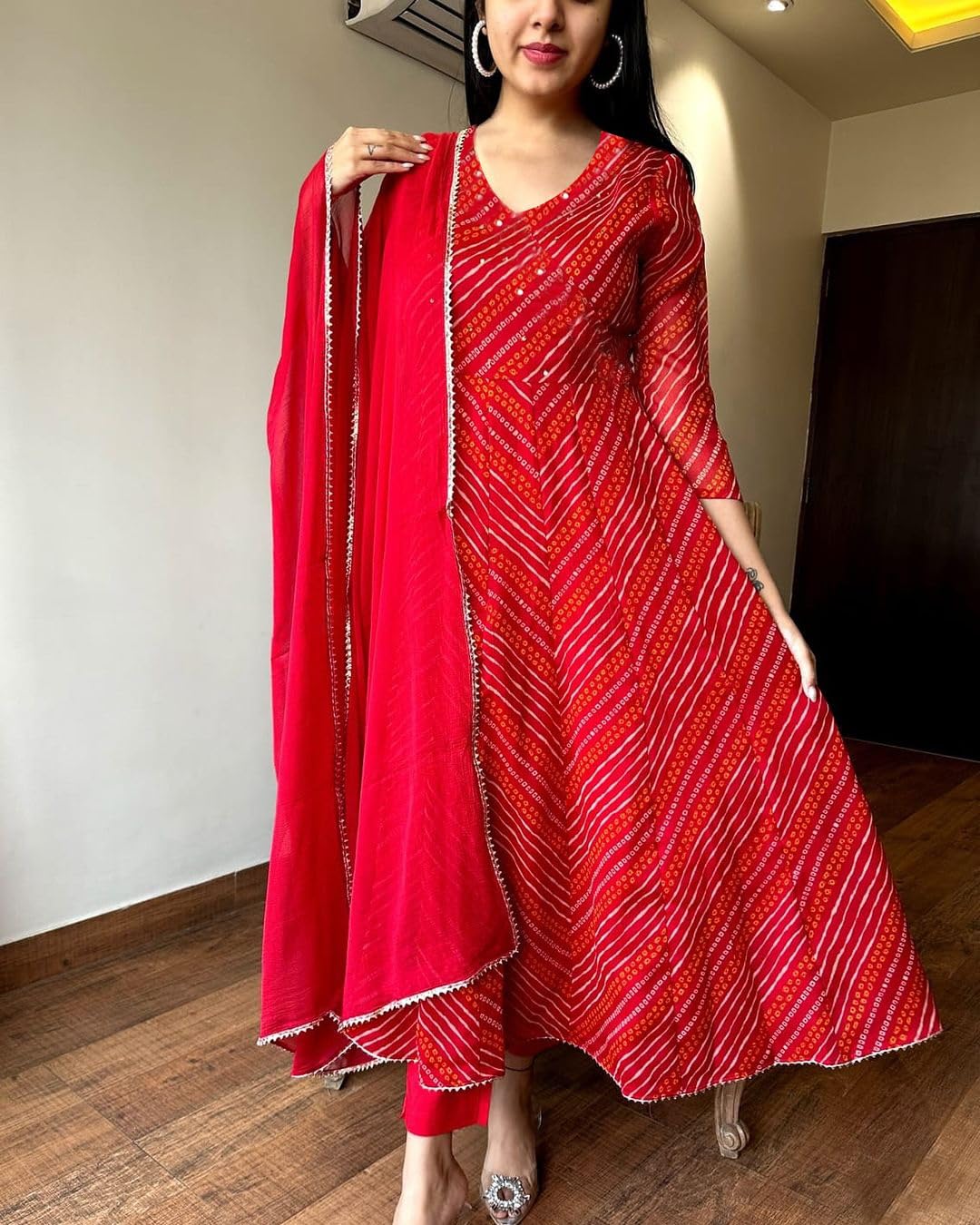 Gosriki Women'S Rayon Blend Anarkali Printed Kurta With Pant & Dupatta (Migesha Red-Gs_Xl_Red_X-Large),Red,,B0DG2Z2381