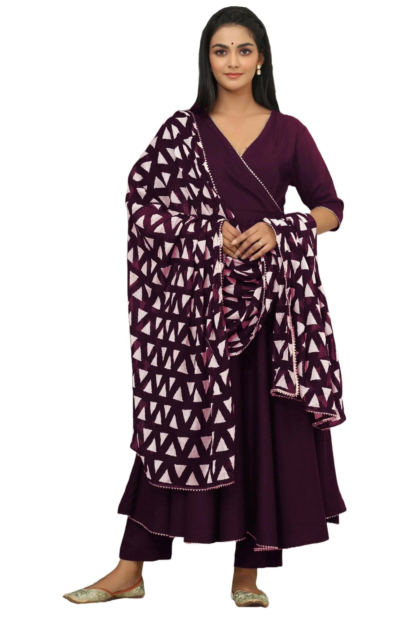 Gosriki Women'S Rayon Blend Anarkali Solid Kurta With Pant & Dupatta (Mita Wine-Gs_S_Wine_Small),Wine,,B0DFXZVD7S