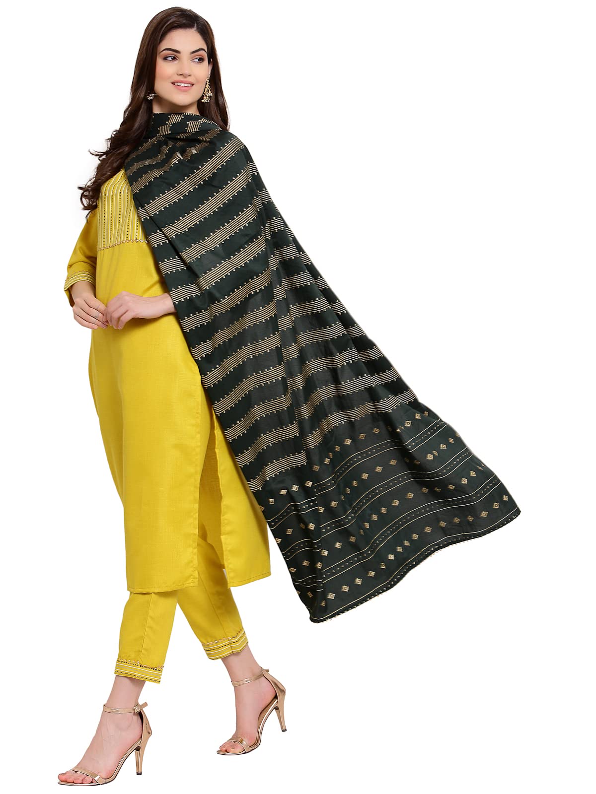 Anni Designer Women'S Cotton Straight Kurta With Pant & Dupatta (Kptd-Cot-10020-Yellow_Xl_Yellow_X-Large),Yellow,XL