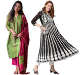 Gosriki Women'S Embroidered Kurti & Kurti Pant Dupatta Set Combo Pack Of 2 (Shibori Methi & Kari Black-Gs_Xl_Multi_X-Large),Multicolour,,B0D17WFLSW