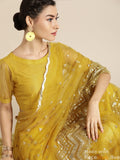 Fashion Basket Women'S Net Yellow Saree With Blouse Piece