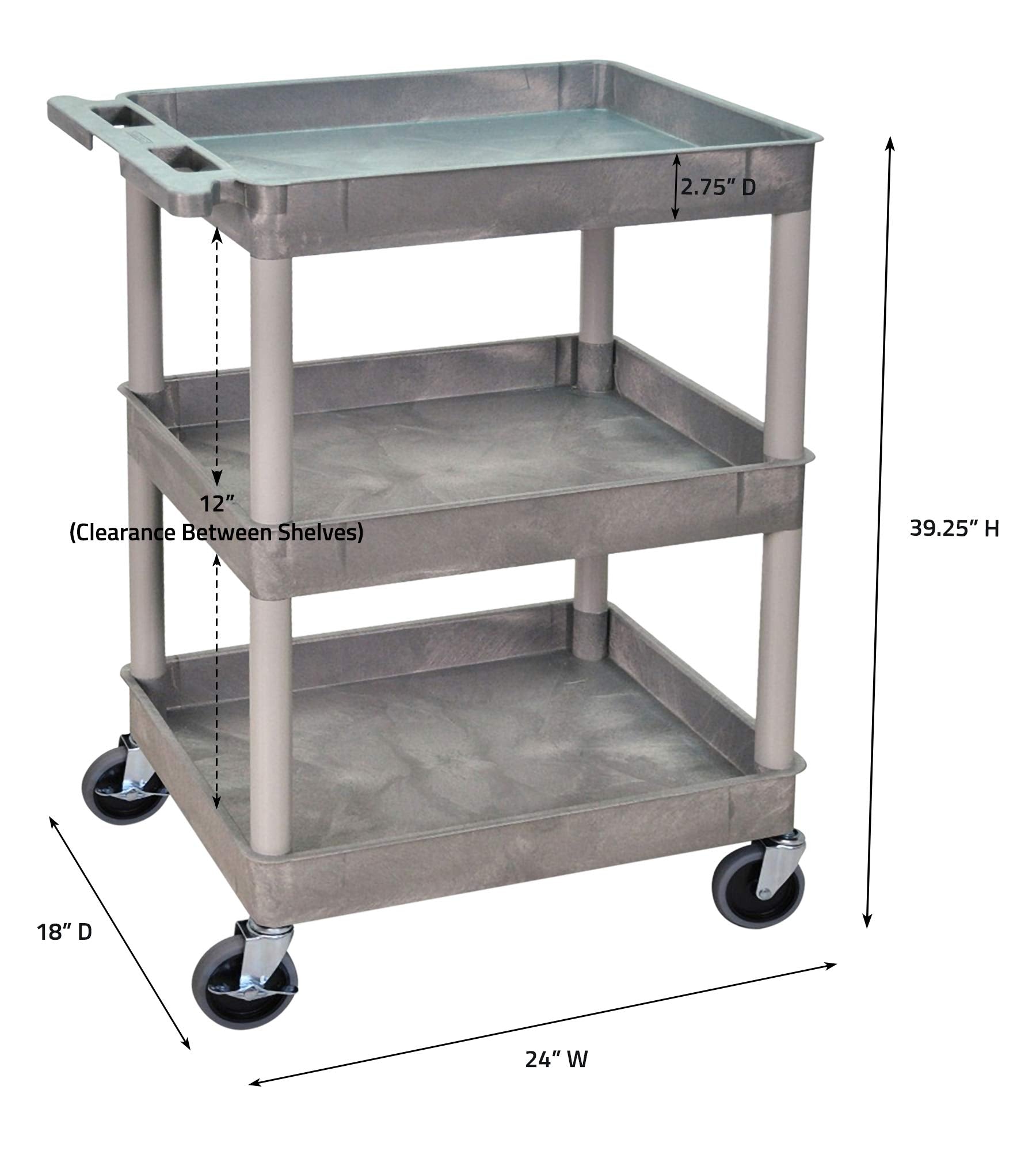 Luxor/H.Wilson Three Shelf Rolling Industrial Utility Tub Cart With Handle, Gray, 24 In W X 18 In D X 39.25 In H