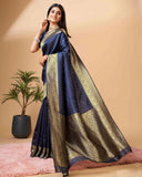 Sugathari Womens Banarasi Saree Pure Kanjivaram Silk Saree Soft New Ladies 2023 Design Wear Sarees Latest Cotton Party Sari Collections With Blouse Piece For Wedding Sadi (Sam Pari-113 Navy Blue) Navy Blue Free Size Kanchipuram Banarasi Saree 113