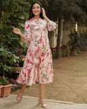 Gosriki Women'S Printed Rayon Smocked Tiered Midi Dress (Aas-Pink-Dress_M-Gs_Pink_Medium),Pink,,B0BRL3GRQM
