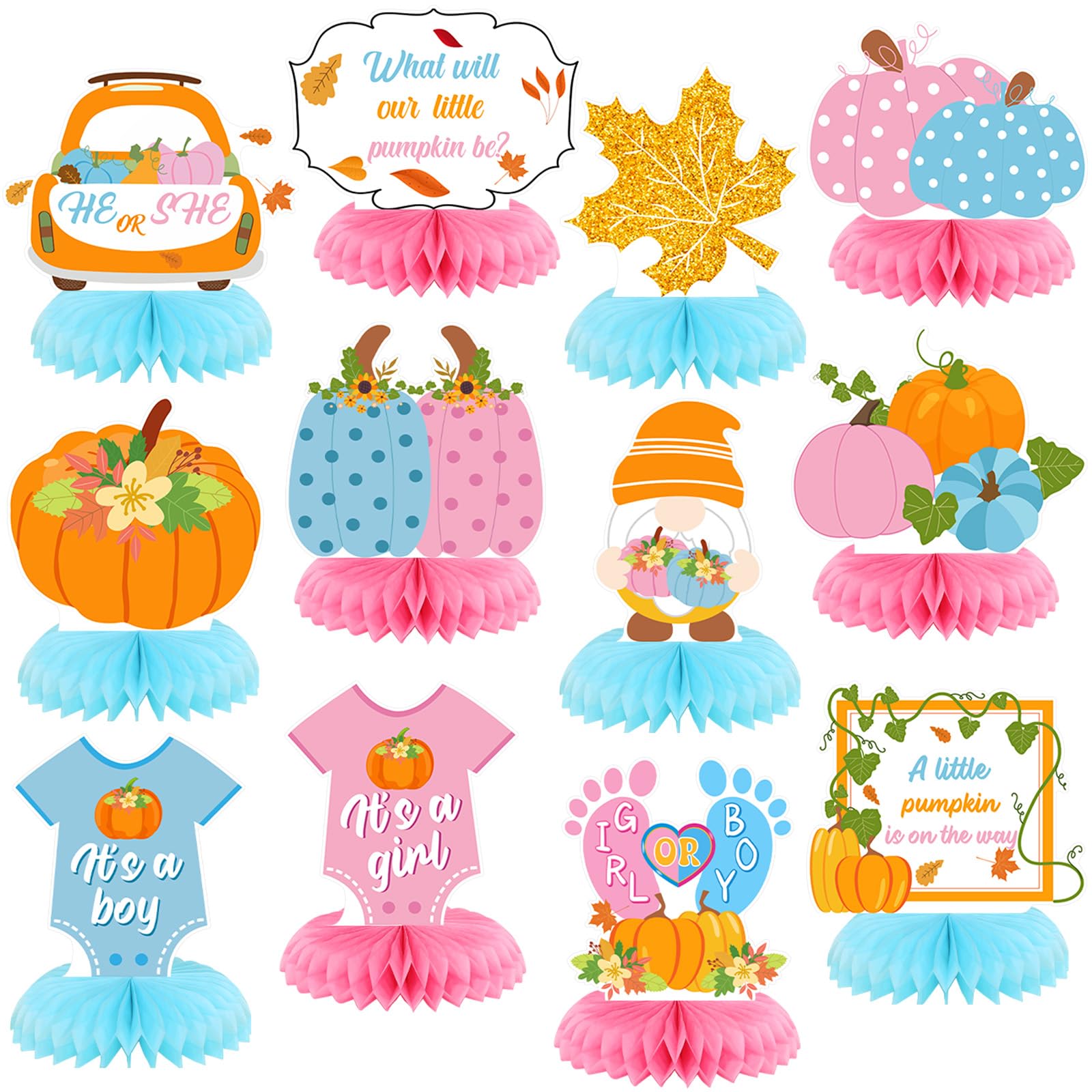 12 Pcs Fall Thanksgiving Gender Reveal Decoration He or She What Will Our Little Pumpkin Be Honeycomb Centerpiece Autumn Table D