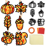 Qyeahkj 36 Set Fall Suncatchers Crafts for Kids DIY Autumn Leaf Pumpkin Acorn Squirrel Window Tissue Paper Craft Kit Hanging Dec