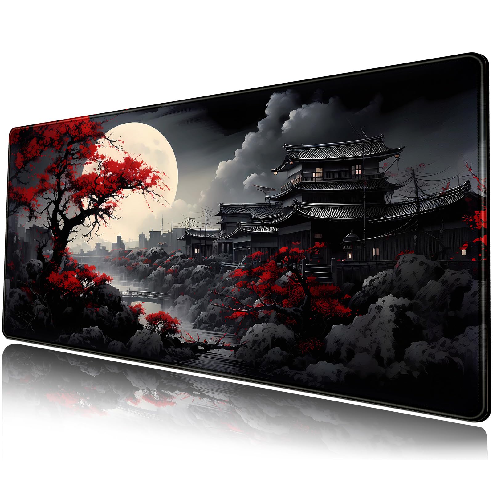 Riverside Full Moon Desk Mat Japanese Desk Pad Black Red Large Mouse Pad Gaming Mousepad Extended XXL Keyboard Pad 31.5 x 11.8 i