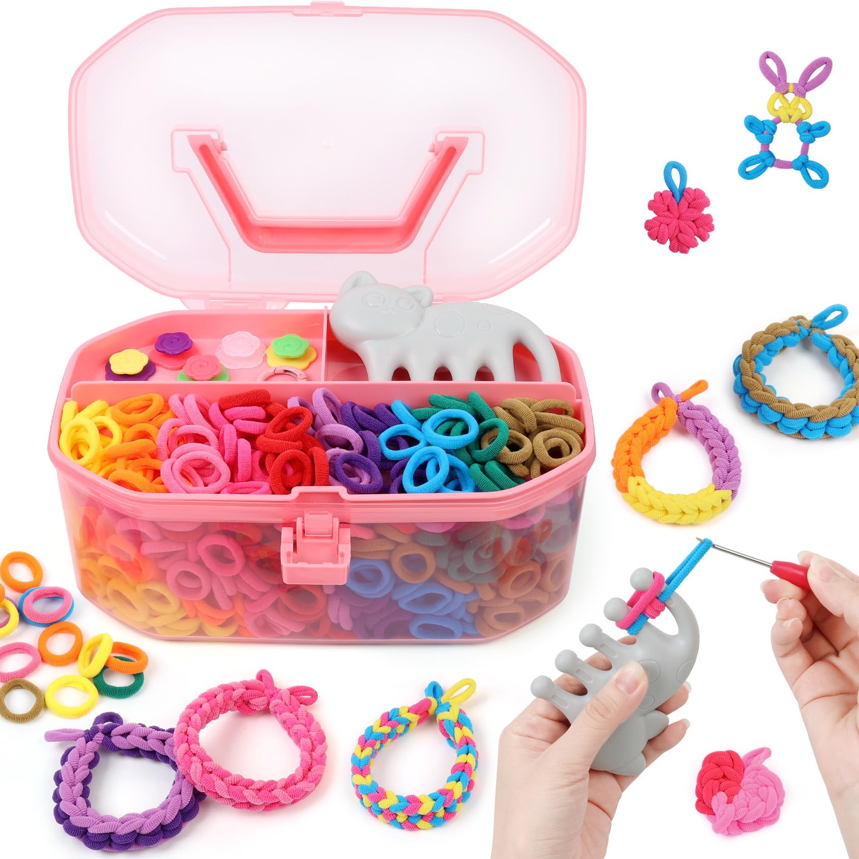 FUNiOi Kids Art and Craft Kit, Rubber Band Bracelet Make Toy, Cat Weaving Comb, 1000+ Colorful Hair Ties, DIY, Organizer Case, G