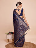 Satrani Women'S Silk Banarasi Jacquard Saree With Unstitched Blouse Piece (3857S223N_Dark Navy Blue)