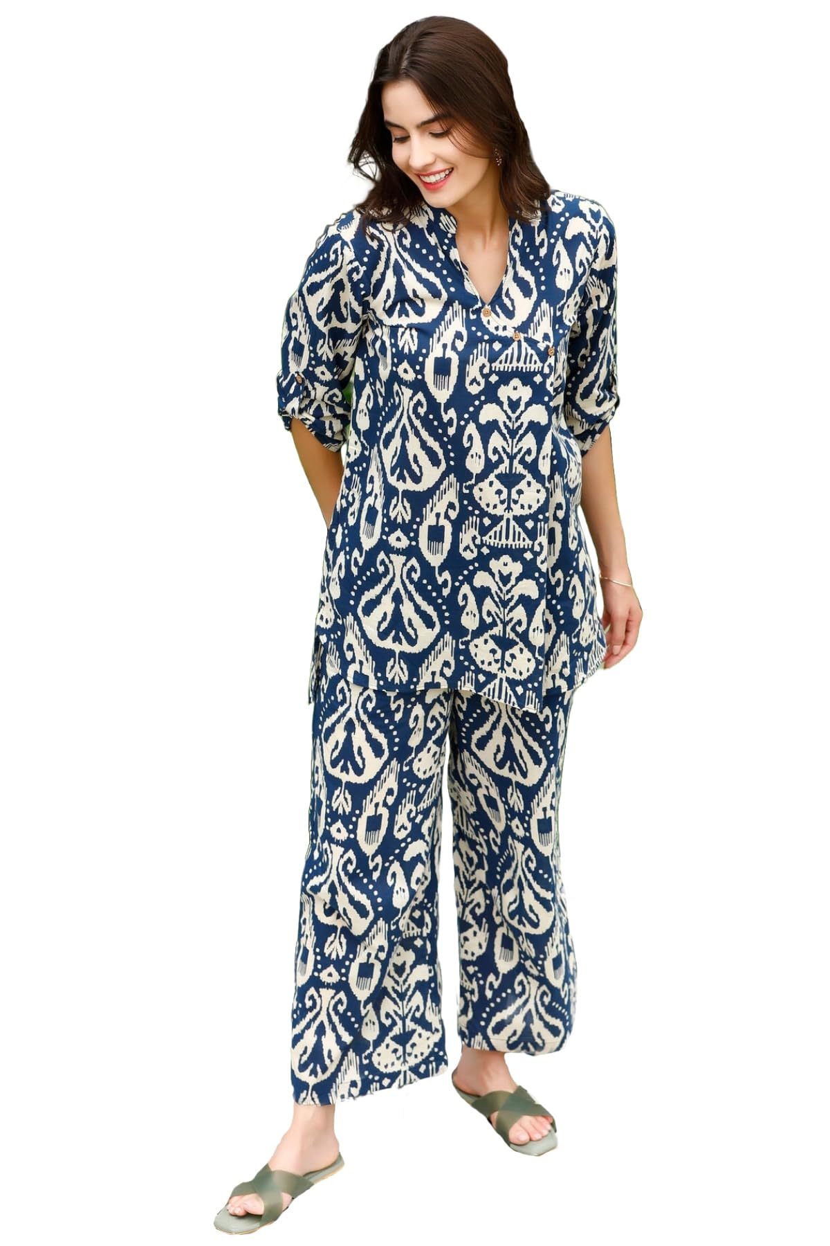 Anni Designer Women'S Cotton Blend Mid Thigh Printed Co-Ord Set (J111 Blue Co-Ord_L_Blue_Large),Blue,L
