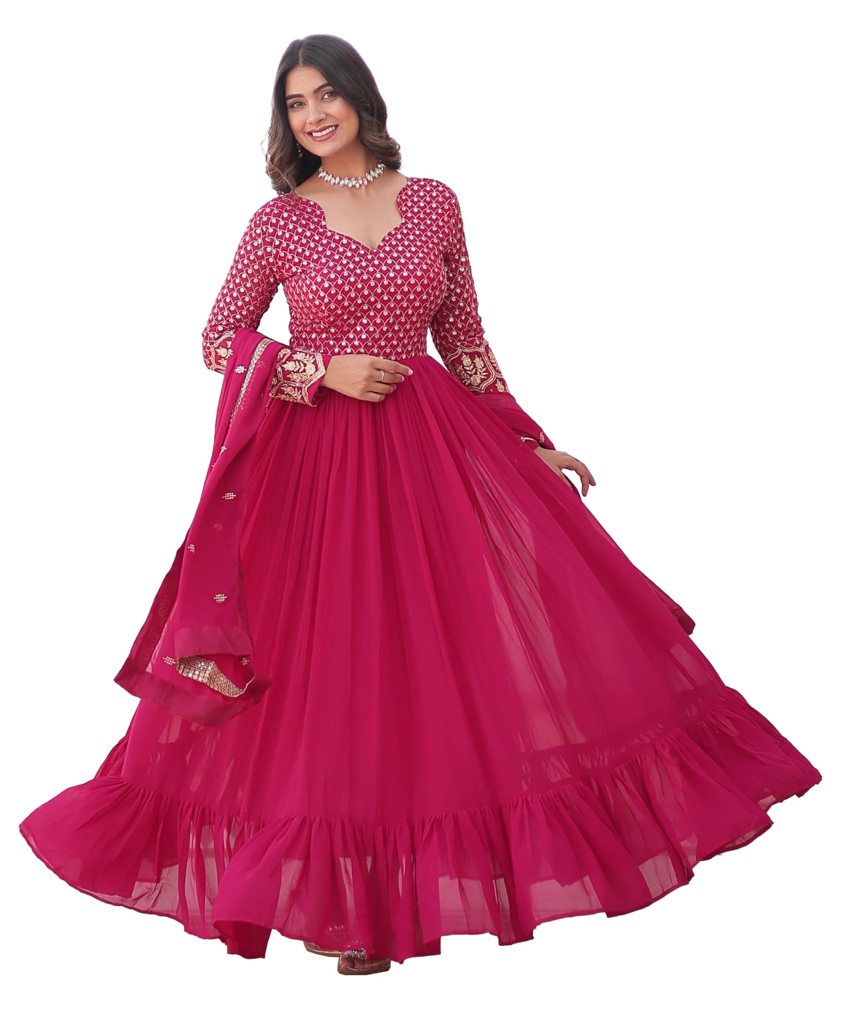 Fashion Basket Women's Georgette Anarkali Kurta Set with Duptta for Women (in, Alpha, 2XL, Regular, Pink)